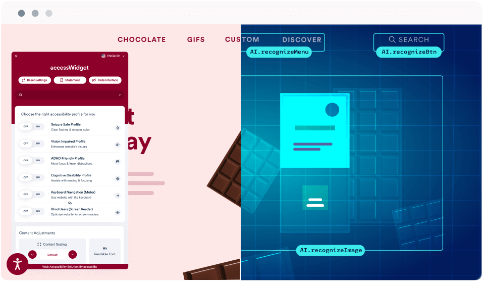 AccessiBe's accessWidget UI overview. Abstract image showing front-end and back-end remediation