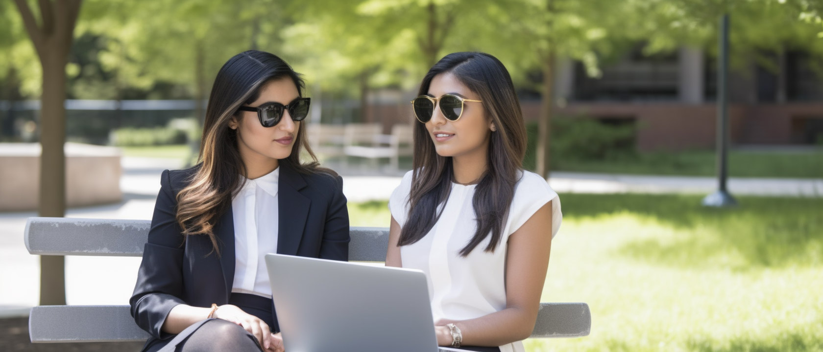 two female colleagues, one with visual impairment using a laptop in the park.