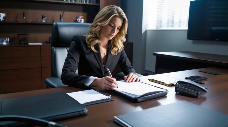 Female attorney sitting at a desk, signing a letter.