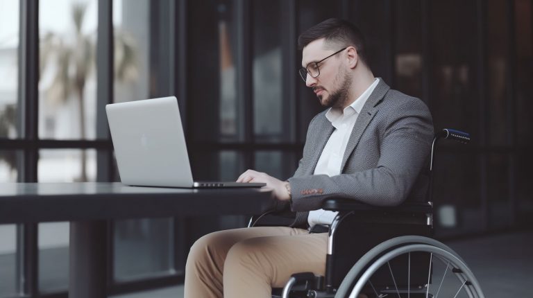 Disabled male with vision and mobility issues, using a laptop in an office.