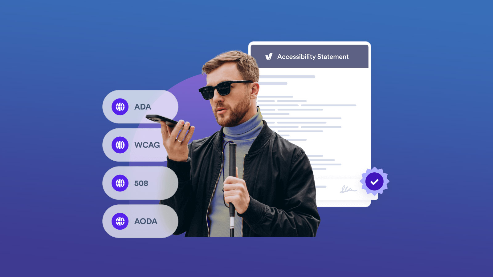 Blind man using a smart phone. Info graphics showing compliance with ADA, WCAG, Section 508, and AODA.