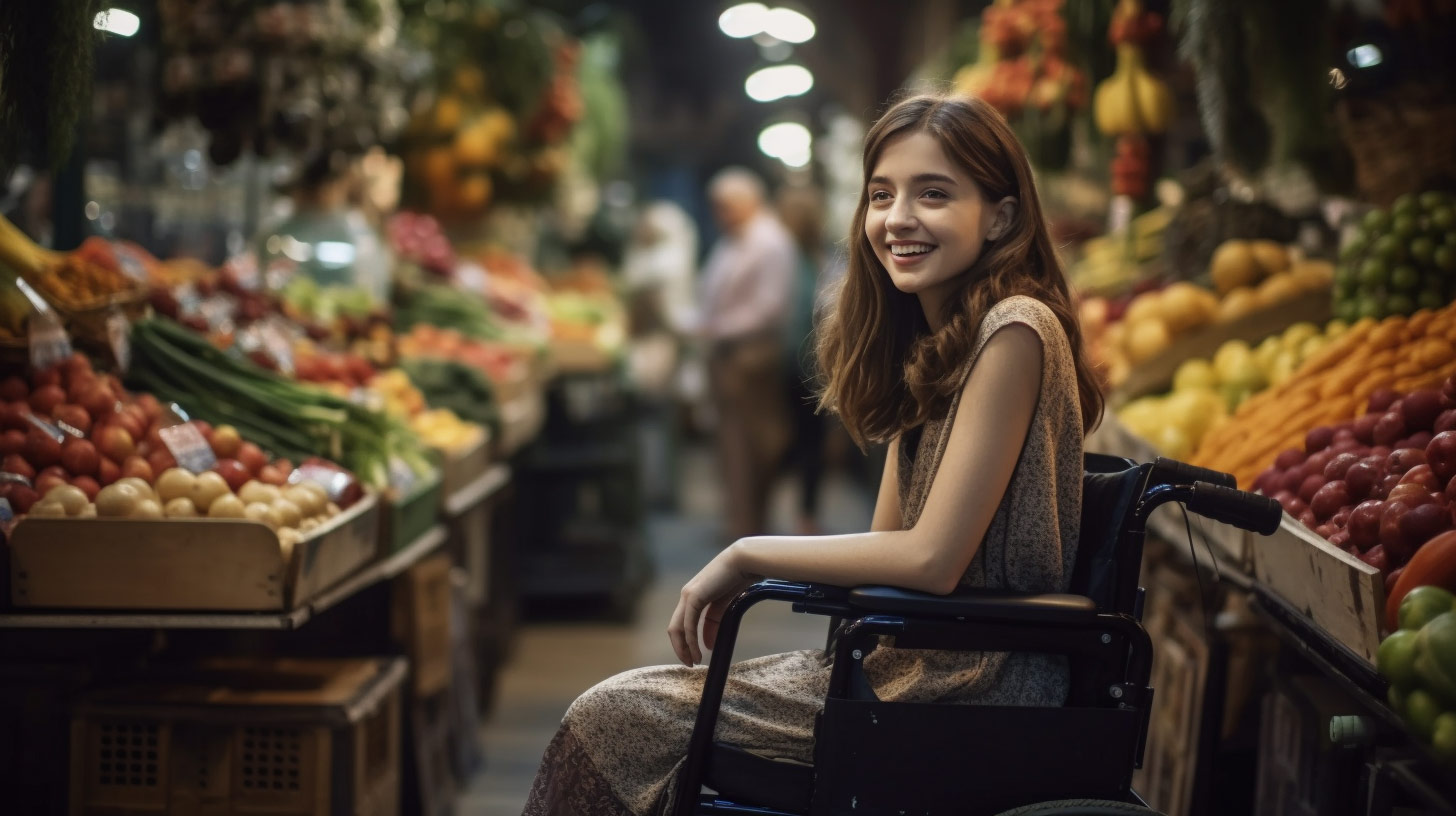 Young wheelchair-bound female in a busy market in Barcelona