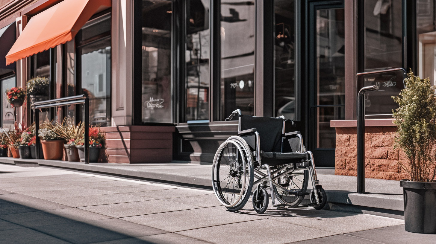 Wheelchair abandoned outside a store with no ADA ramp.