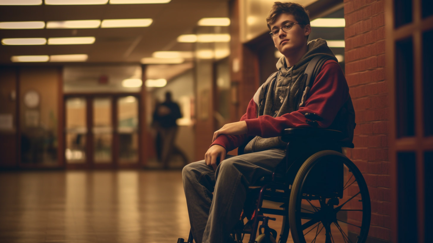 Disabled young male in school or college. He is sitting in a wheelchair in the hallway.